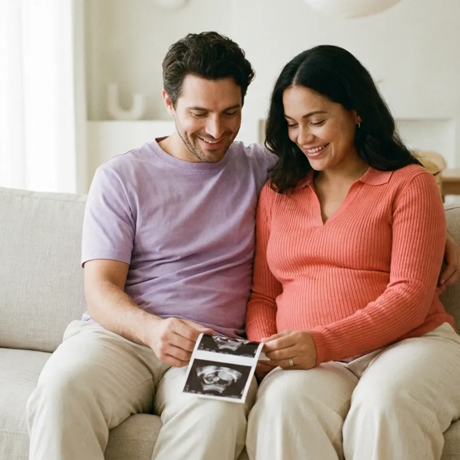 Un couple regardant ensemble une échographie sur un canapé